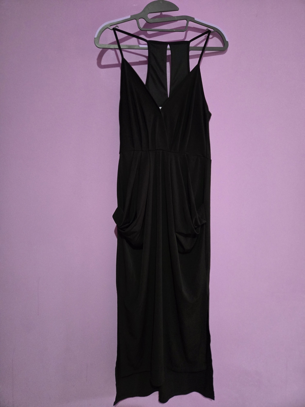 BCBGeneration Black Spaghetti Strap Midi with Draped Pockets